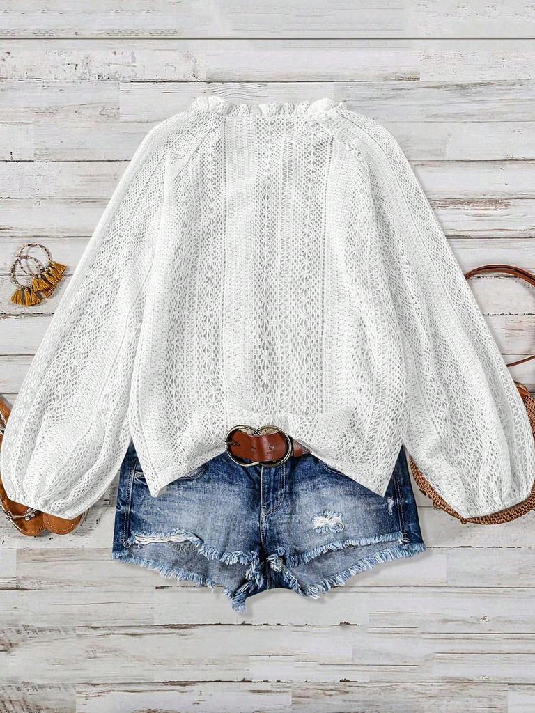 Spring New Loose Fashion Versatile Hollow Lace V-Neck One-Button Pleated Long Sleeve Shirt