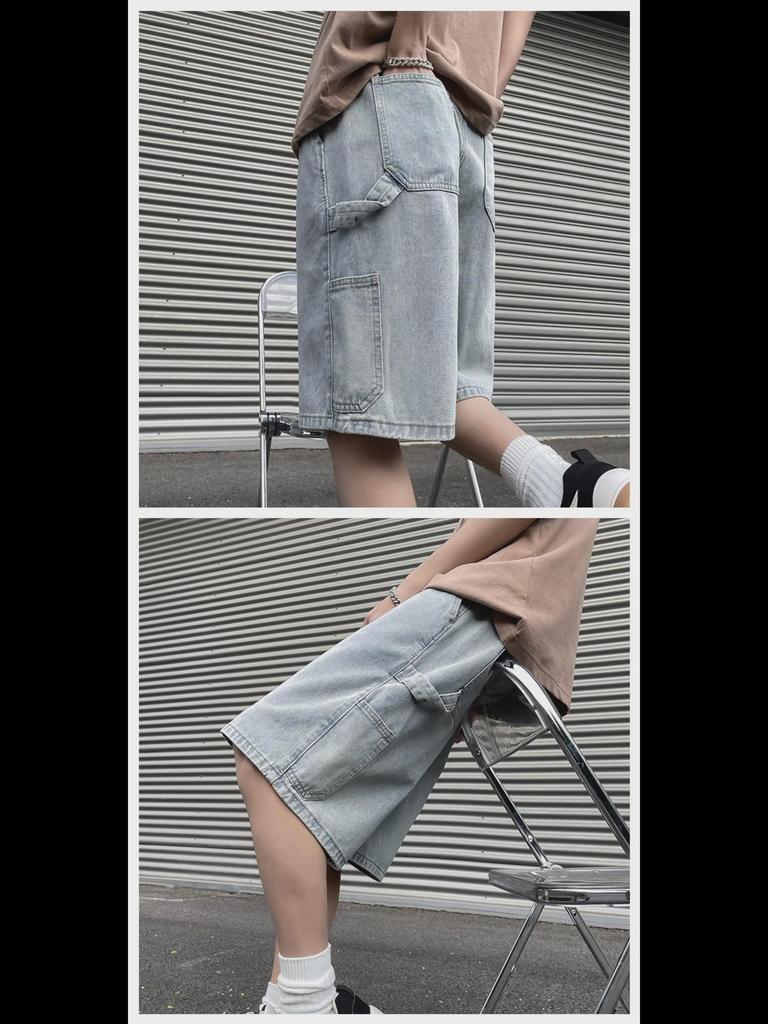 Męskie szorty dżinsowe hip-hopowe - luźny, prosty krój, jednolity kolor, swobodny styl na każdy mecz