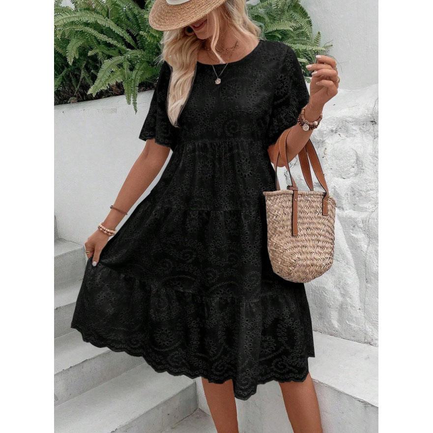 Vestido de Verão Feminino Vazado Plissado A-line Gola O Manga Curta Trompeta Vestido Midi Patchwork Cor Sólida Grande Roda Vestido de Senhora