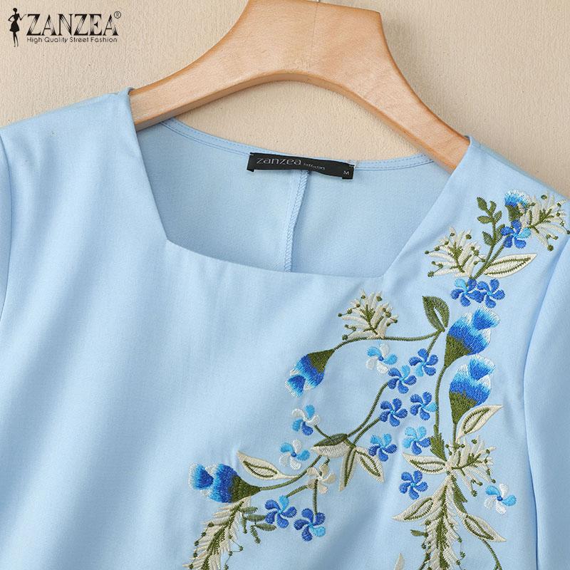 ZANZEA Women Summer Square Collar Casual Short Sleeve Embroidery Blouse