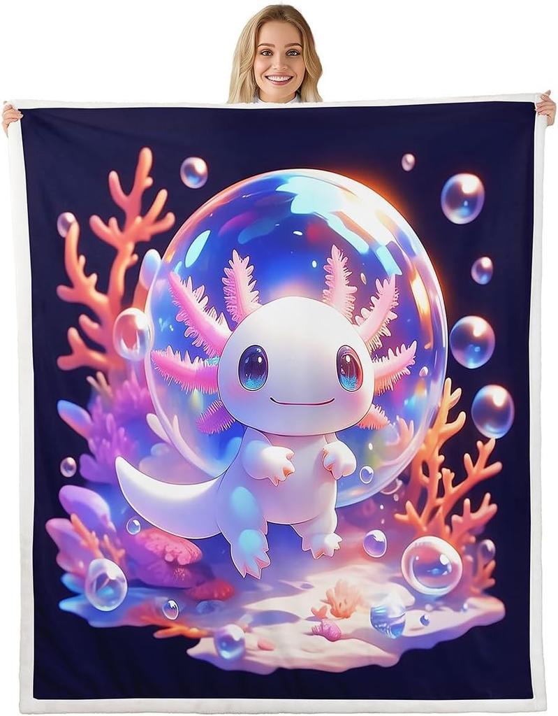 Cute Pink Axolotl Blanket Soft Fleece Throw Cherry Blossom Design Fantasy Art Kids Room Decor