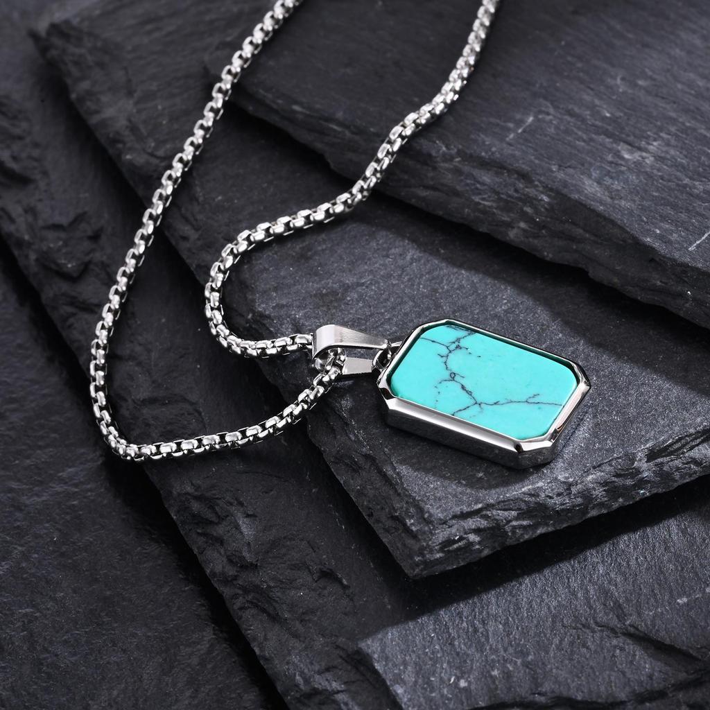 Stainless Steel Rectangle Natural Stone Pendant Necklaces, Minimalist Dainty Chain Necklace, Luxury Fashion Jewelry For Men Gift