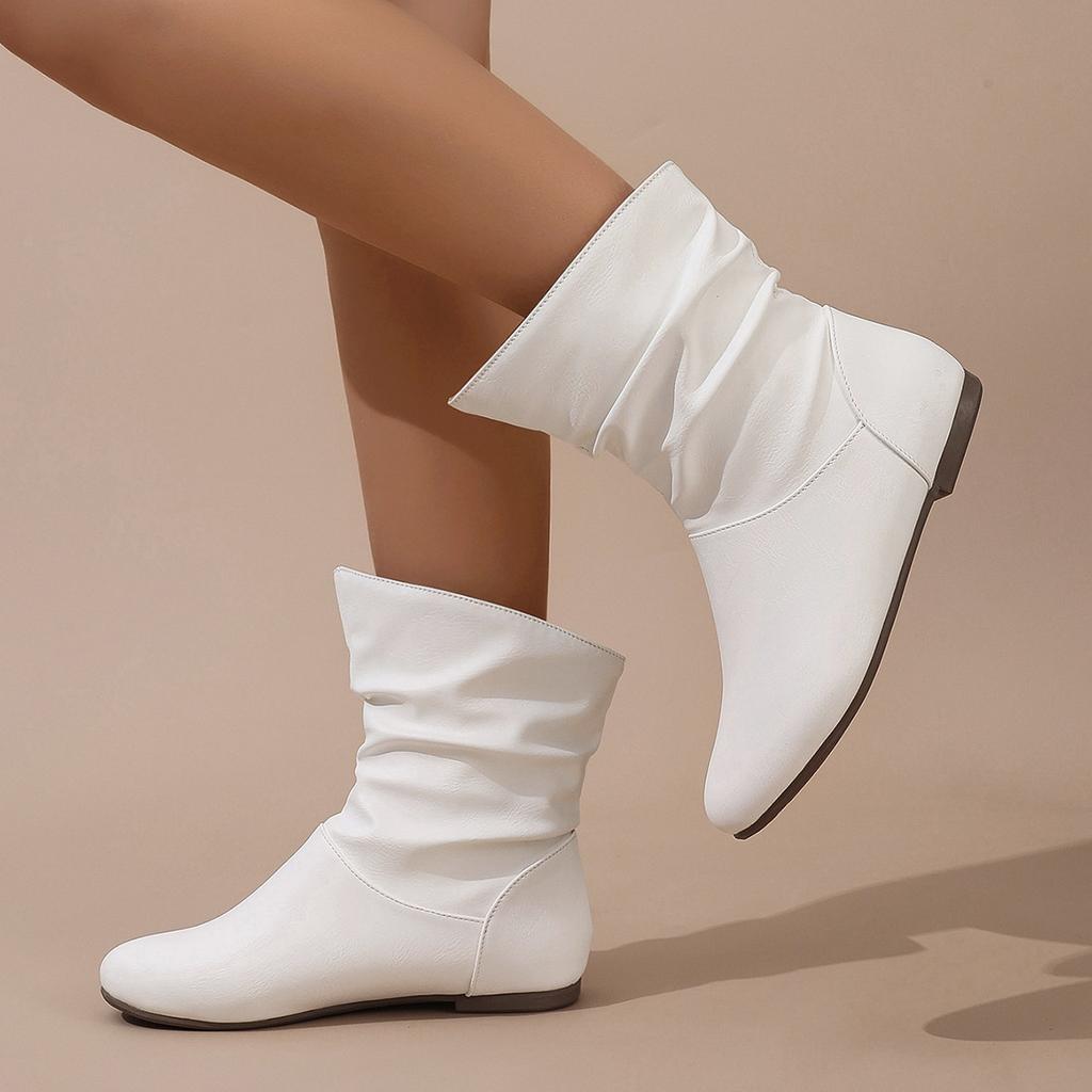 Short Boots Women's White Pleated Women's Boots Flat Bottomed Versatile Woman Boots Large Size