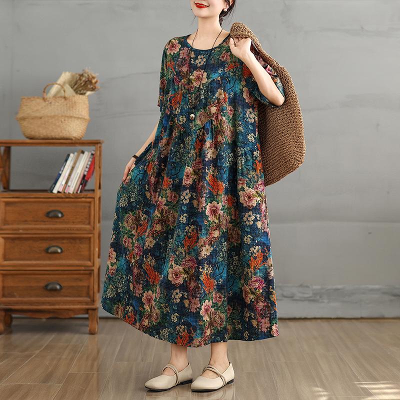 Dimanaf 2025 Summer New Plus Size Vintage Dress Women Casual Long Dress Loose Basic Floral Printing Dress
