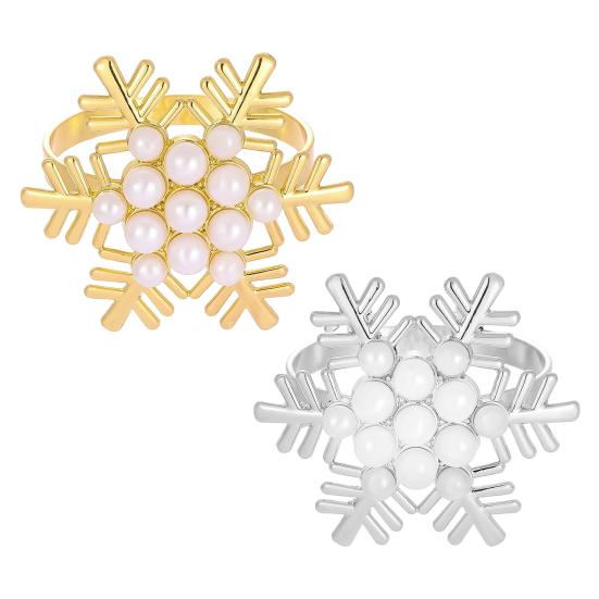 1/2/6Pcs Golden Metal Napkin Ring Faux Pearl Decor Snowflake Design Winter-themed Napkin Holders Weddings Parties Table Decor