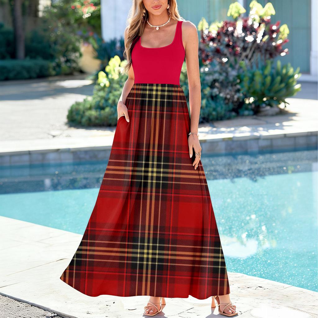 Ladies' Plaid Printed Summer Casual and Fashionable Sleeveless Long Dress