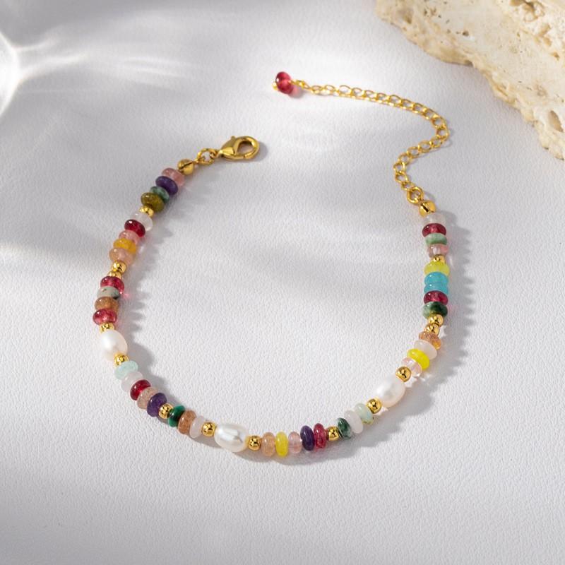 Vintage Pearl Choker Necklace Beaded Bracelet Set Women Layering Jewelry With Natural Freshwater Pearls Colorful Stone Bracelet