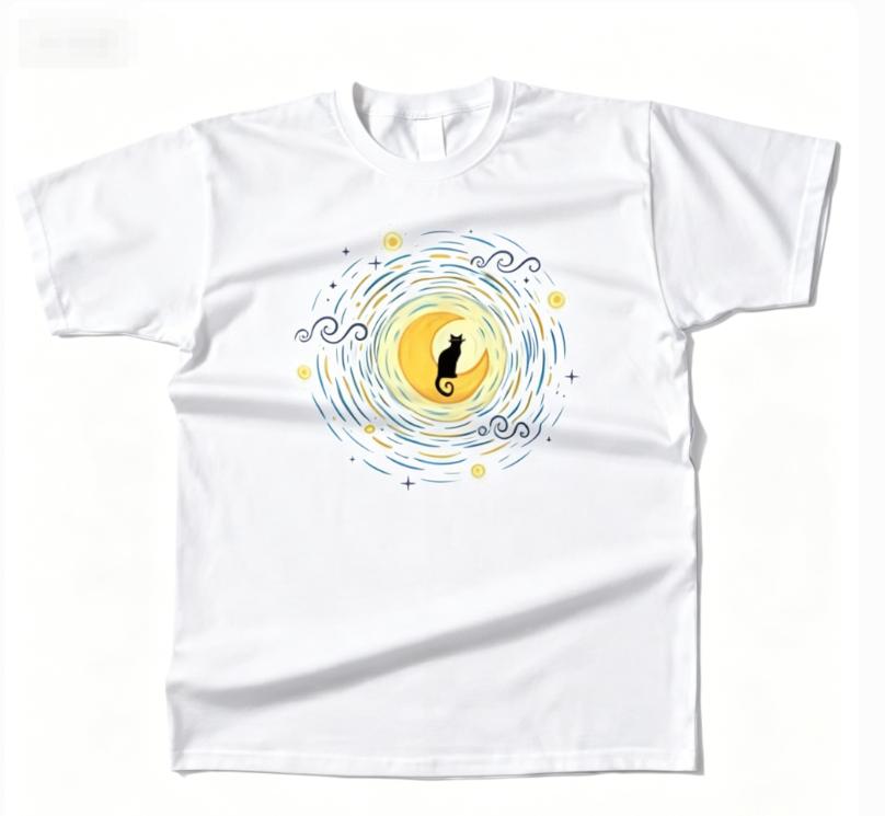Unisexs Cotton Starry Moon Cat Graphic High Quality T Shirt Street Casual Style Tee for Unisex and WoUnisex Moisture Wicking Breathable