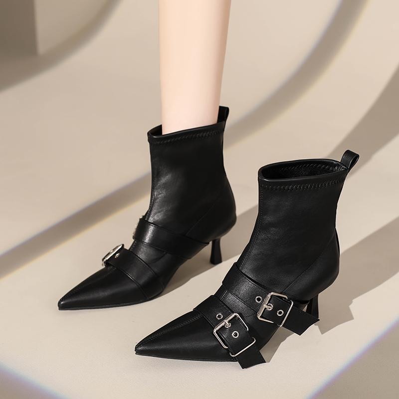 Fashion Vintage Stiletto Booties Fall New Pointed Toe Metal Buckle Back Zip Anti-Slip Wear-Resistant Heels