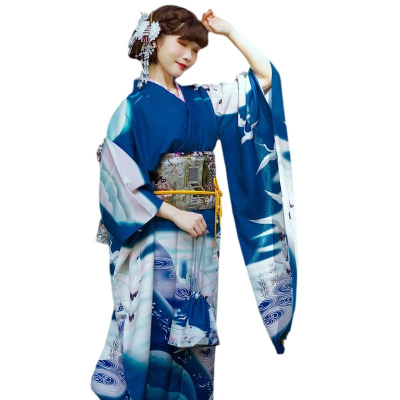 Furisode Tuhá Látka Dámské Kimono Jeřáb - Odolné proti vráskám, Snadno se nosí, Formální Japonský Styl