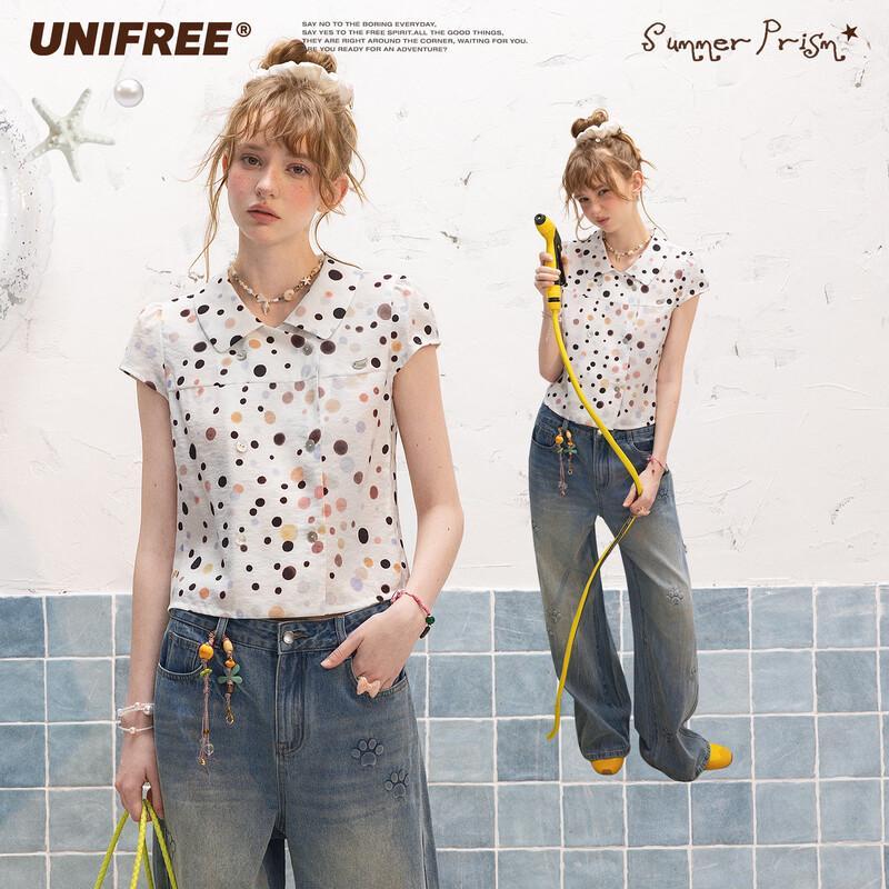 UNIFREE Women s French Retro Polka Dot Puff Sleeve Blouse M