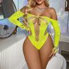 Hot Sleeve Rhinestones Bodysuits Long Stamp Diamonds Underwear Set Erotic Crotchless Lingerie Women Sexy Fishnet Hollow Bra Sets