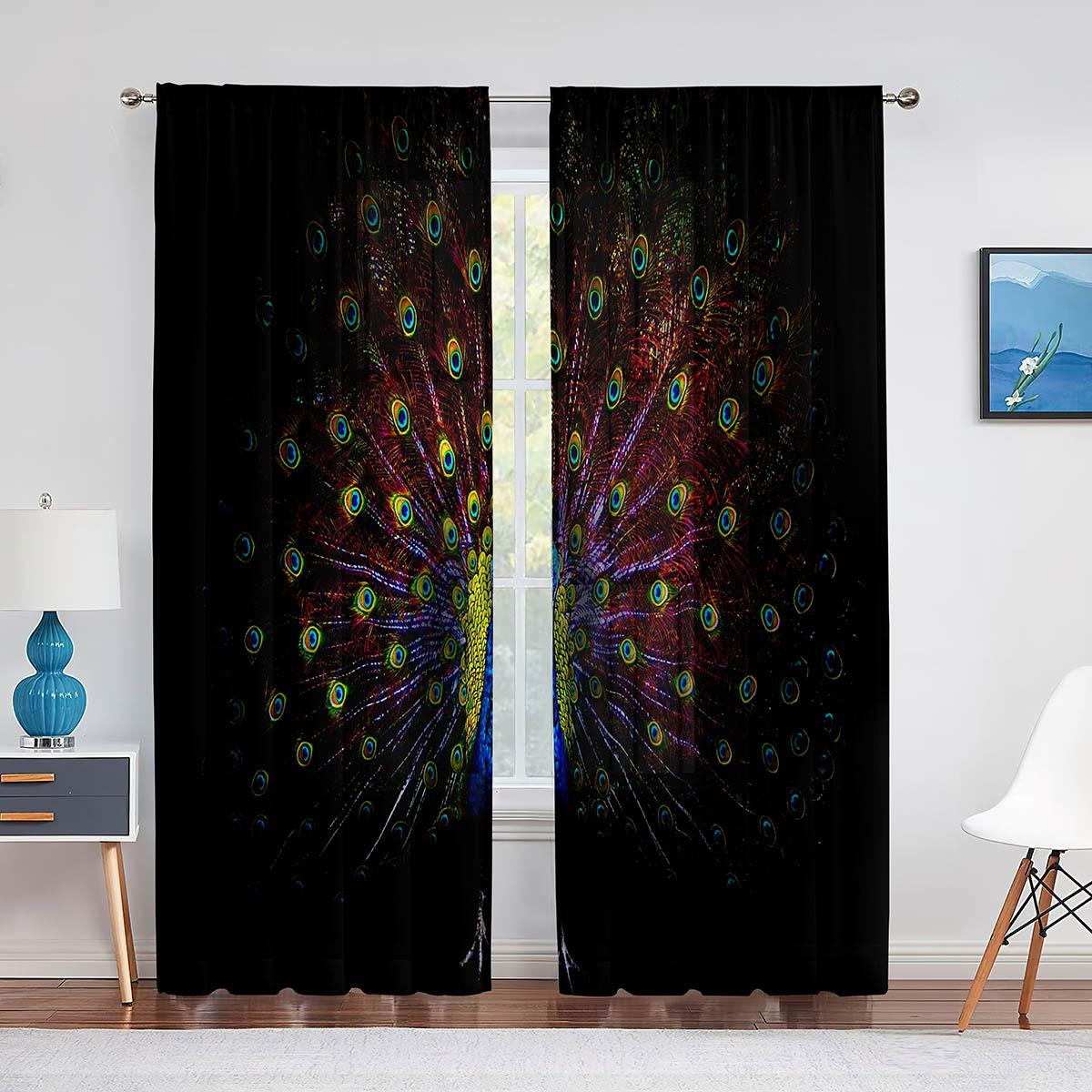 Голубые красивые прозрачные шторы с изображением павлина — фото 7