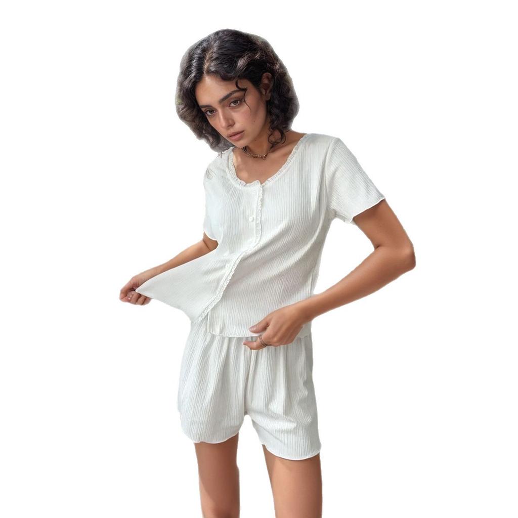 Simple Style Summer and Spring Lightweight Women's Pajama Set with Slanted Pants and Short-sleeved Tops, Casual and Loose Home Wear for Women