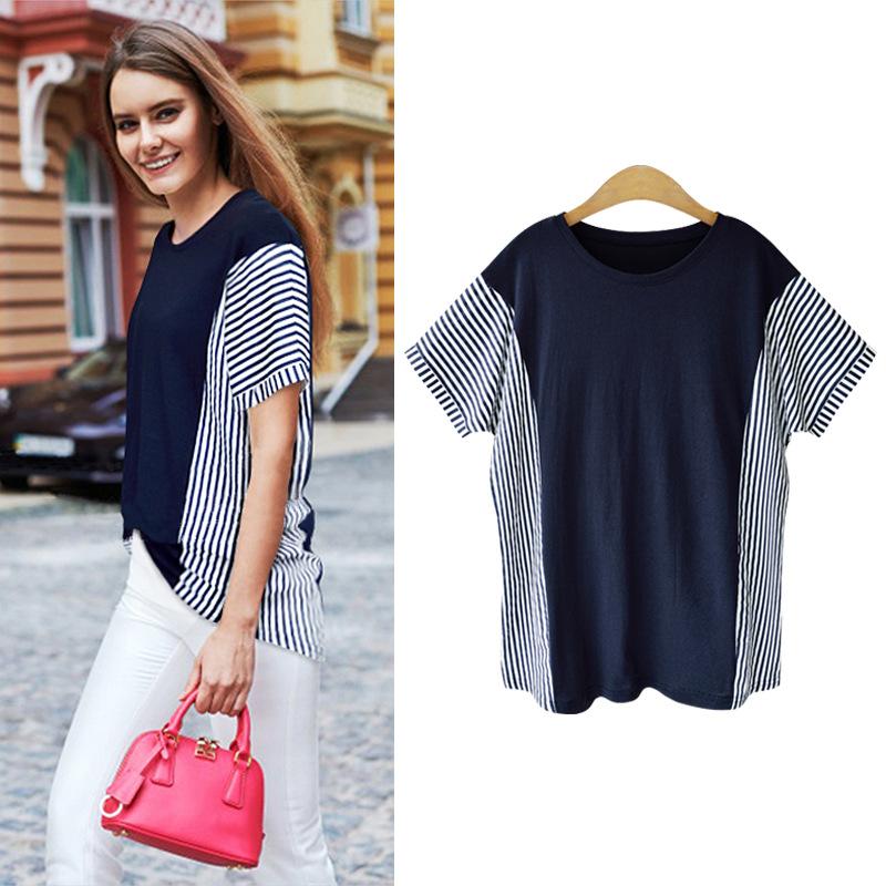 Summer Casual Pinstripe Striped Patchwork T-Shirt Round Necked T-Shirt Classic-Fit Short Sleeve T-Shirt for Female Women's Commuter Fashion T-Shirt