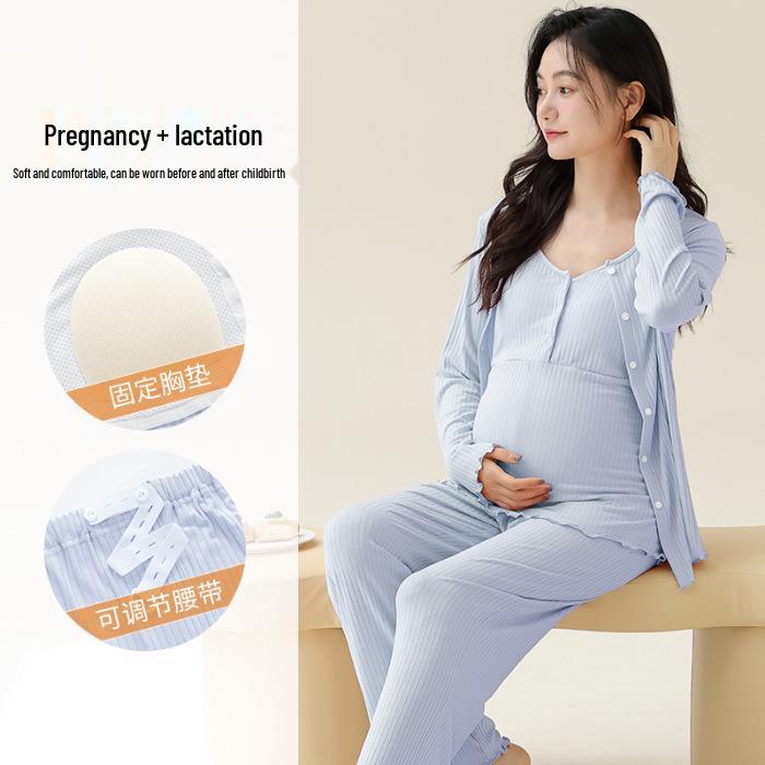 Modal Maternity Pajamas: 3-Piece Autumn Set with Breast Pads, Postpartum Nursing, Belly Comfort, Summer Wear.