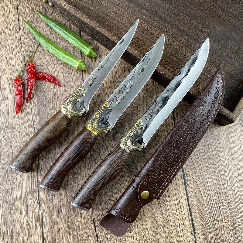 Forged Outdoor Stainless Steel Camping and Steak Knife with Leather Sheath