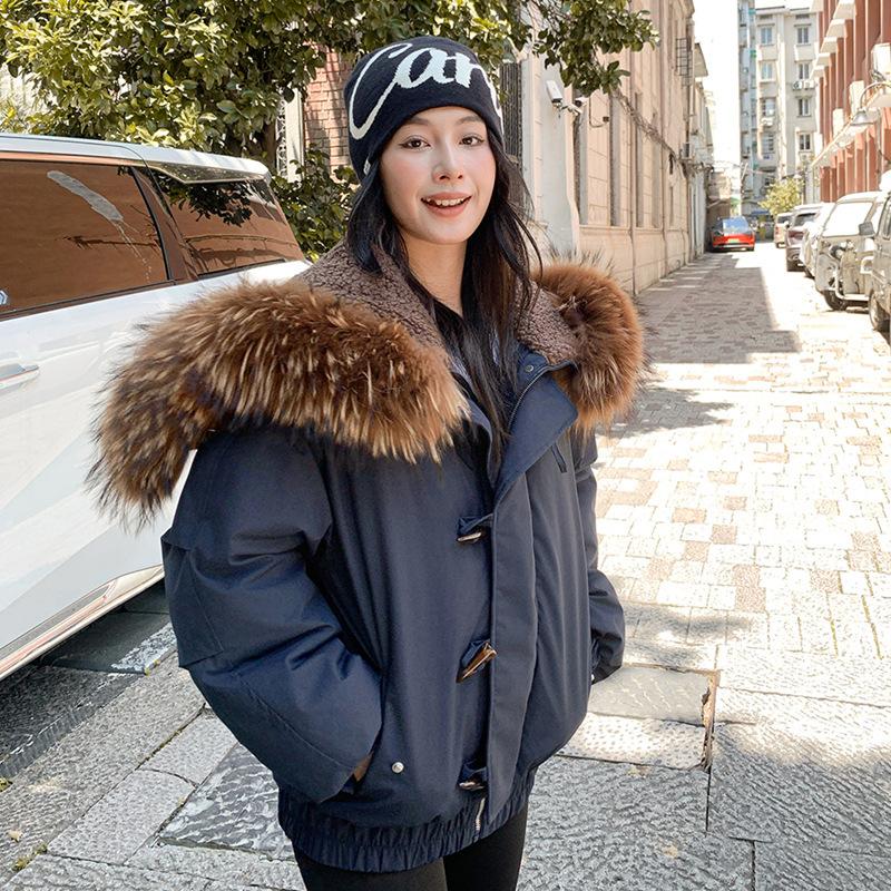 Women’s Short Windproof Thicken Warm Winter Jacket With Big Fur Lapel
