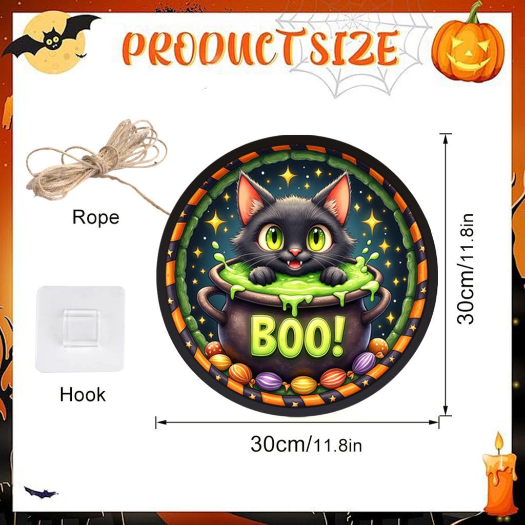 Halloween LED Light-Up Hanging Sign Featuring Ghost Cat Pumpkin Floral Design with Battery Not Included Suitable for Indoor Outdoor Decoration