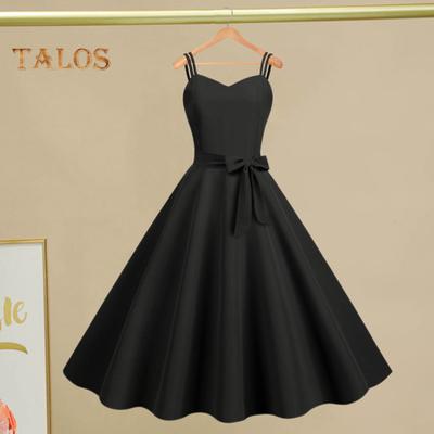 Vintage Damen Kleid A-Linie Big Swing Einfarbig Rückenfrei Spaghettiträger 50er Schleife Dekor Abschlussball Cocktail Party Hochzeit Midikleid Abendkleid