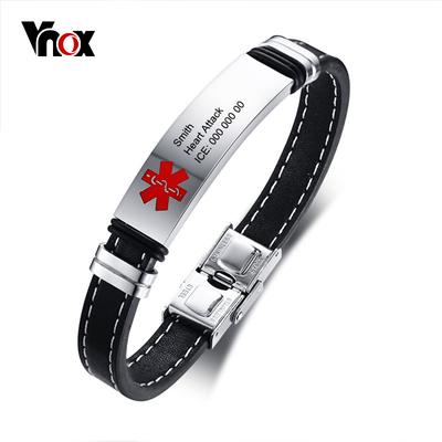 Vnox Personlized Medical Alert ID-armband voor heren Roestvrij stalen identificatieplaatje Echt leer Noodmannetje