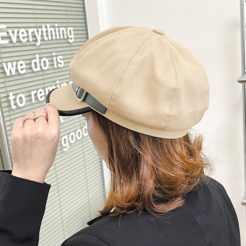 Pu Leather Edge Octagonal Hat for Women Autumn and Winter Retro Japanese Youth Newspaper Baby Hat Korean Style Belt Buckle Duck Tongue Painter Hat