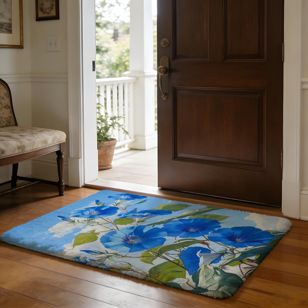 Bloom In Blue Morning Glory Bluebell Floor Mat Soft Flannel Absorbent Mat Non-Slip Rug Home Bedroom Bathroom