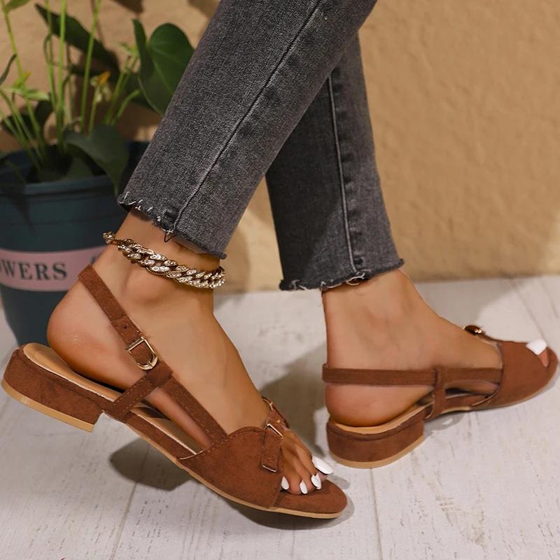 Fashion Buckle Design Open Toe Brown Sandal Women Fashion Square Sole Med Heel Sandals Woman Office Ladies Back Strap Sandalias Mujer