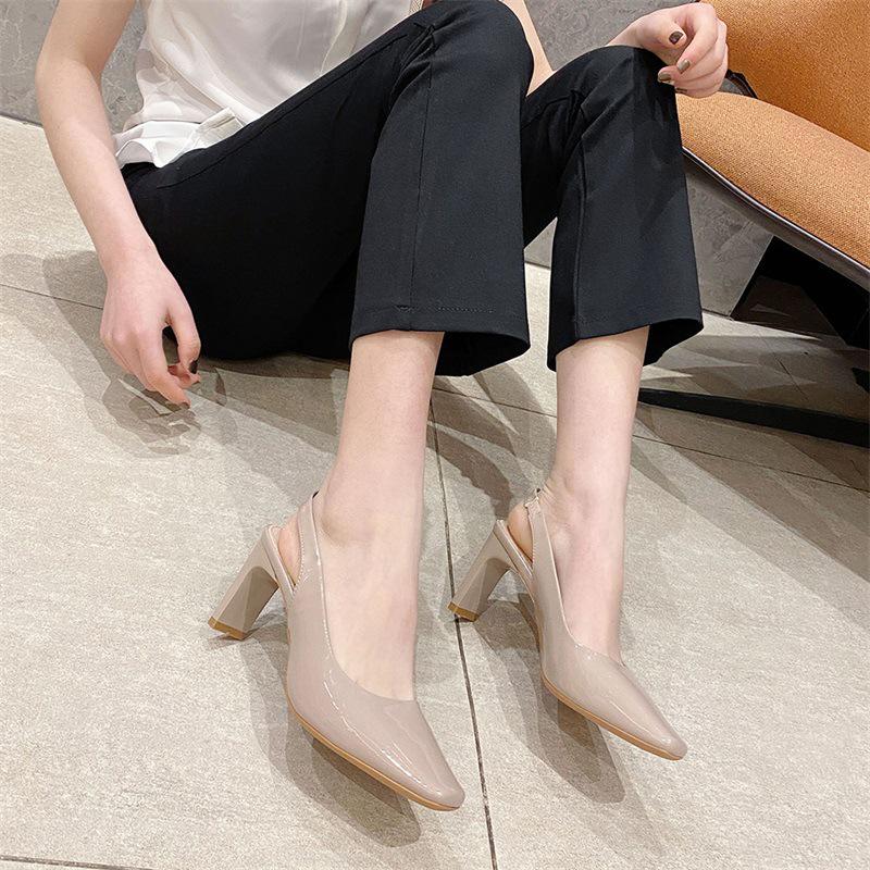 K88-A Korean Style Women's Patent Leather Slingback Peep Toe Sandals with Square Chunky High Heels