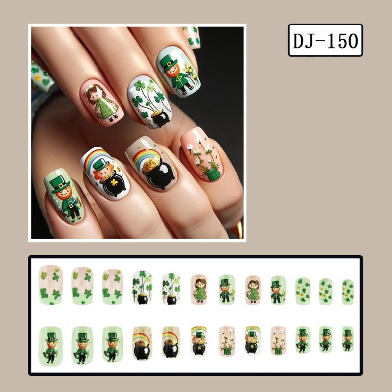 Square Press on Nail Shamrock Fake Nail Stick on Nail 12 Size,24 Pcs French Nail Tips for DIY Nail Art Decorations
