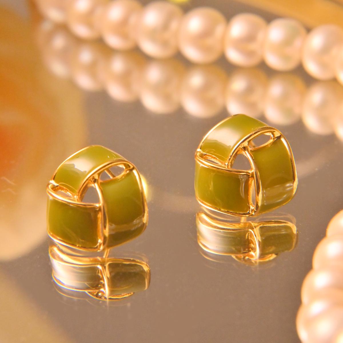 Retro Drip Glaze Green Enamel Stud Earrings with 925 Silver Needles - Niche Design Electroplated медный