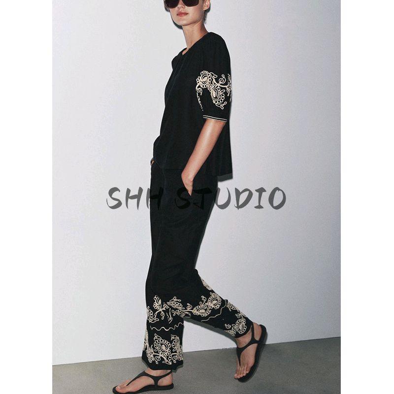 round Neck Short sleeve Linen Blend Embroidered Top 2731105 Mid Waist Wide Leg Casual Trousers 2731104