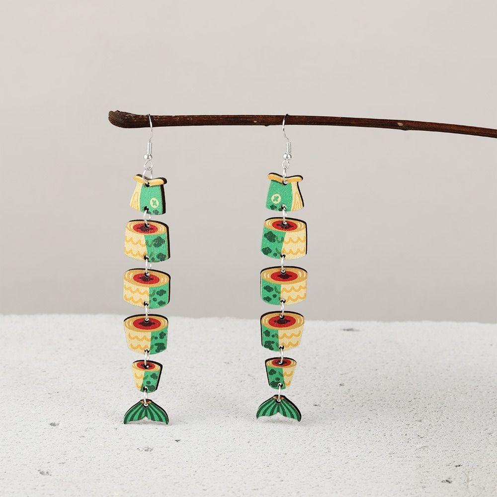 5Pairs Acrylic Wood Fish Drop Earrings Multi Segment Beach Drop Earrings Salmon Fish Earrings Women