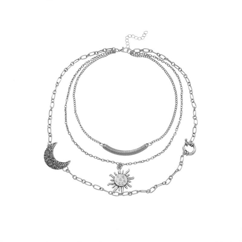 Stylish Moon Sun Pendant Necklace Women Short Layered Zinc Alloy Chain Gold Tone Minimalist Boho Chic Jewelry Silver
