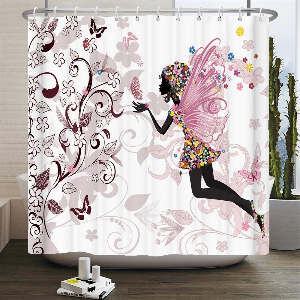Butterfly Flower Girl Bathroom Curtain Polyester Waterproof Fabric Shower Curtain Valentine's Day Heart Pattern Bathtub Screen