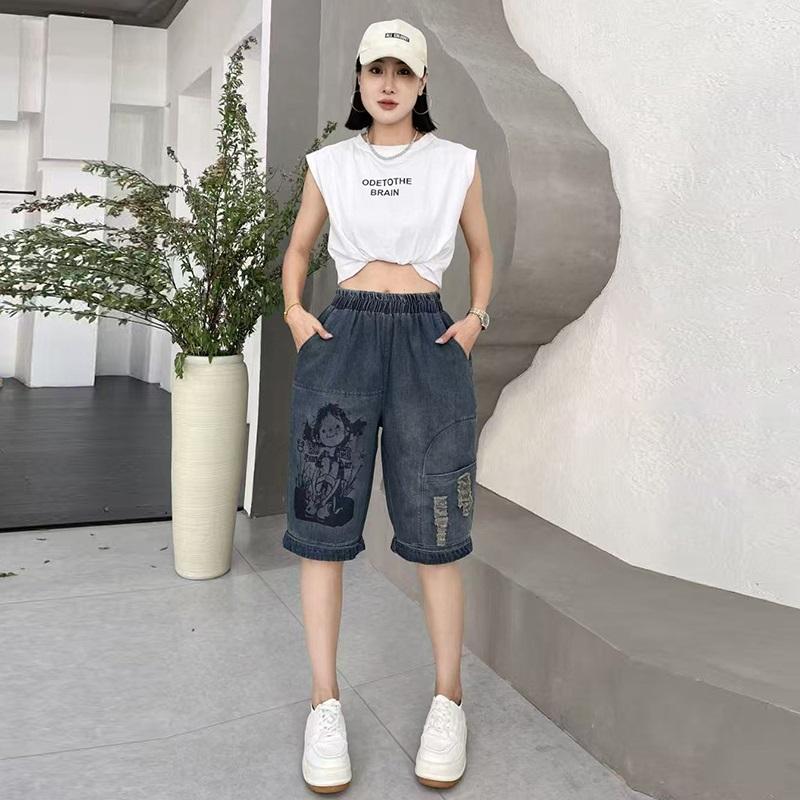 Plus Size Thin Vintage Ripped High Waist Casual Loose Women Summer Half Jeans Denim Harem Pants