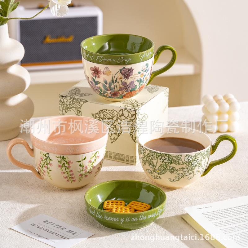 Ceramic Handle Cup With Spoon, Breakfast Cup, Oatmeal Bowl, Heated Milk, Flowering Coffee Cup, Saucer Bowl