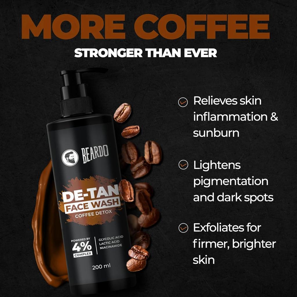 Beardo DeTan Face Wash For Men 200 ml Glycolic Acid Niacinamide Coffee Exfoliating Oil Control Cleanser For Smooth Skin