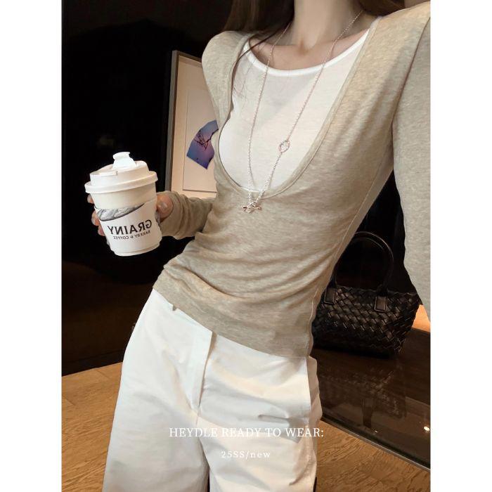Color Block Fake Two-Piece Women s Slim Fit Round Neck T-Shirt for Autumn Large