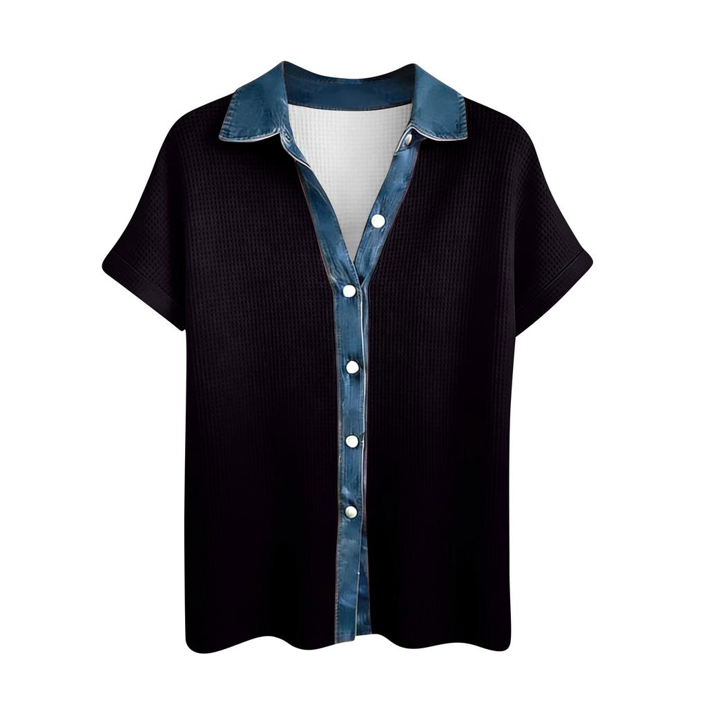 Womens Fashion Color Lapel Short Sleeved Denim Patchwork Button Up Shirt Loose Top