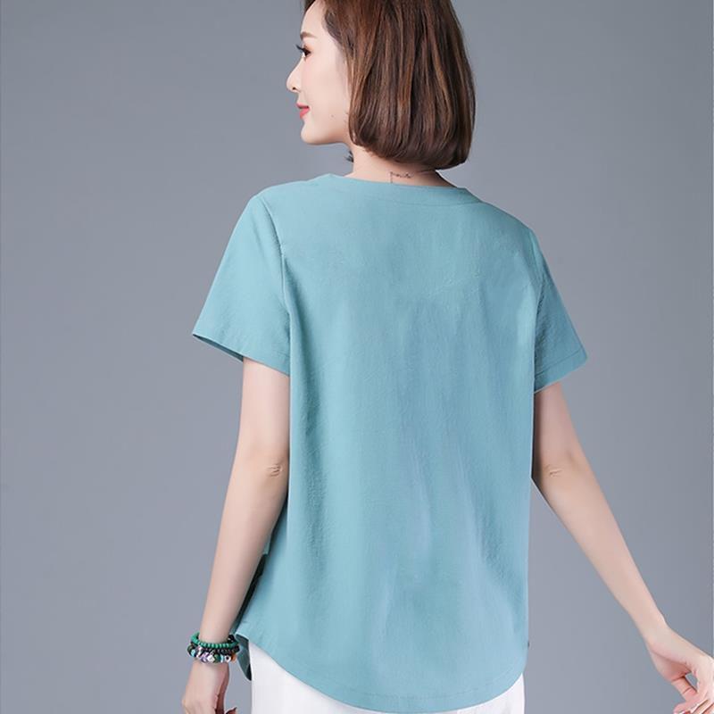 Tricou de damă larg din bumbac-in imprimat cu mânecă scurtă - Vară 2021, Mărimi mari, Stil literar pentru mame de vârstă mijlocie.