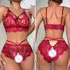 2 Pcs/Set Sexy Underwear Hollow Out Lace Solid Color Wireless Unpadded Open Crotch Elastic Bow Decor Multi Straps Soft