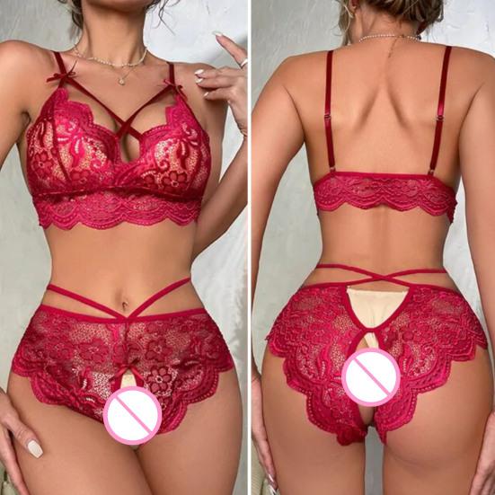 2 Pcs/Set Sexy Underwear Hollow Out Lace Solid Color Wireless Unpadded Open Crotch Elastic Bow Decor Multi Straps Soft