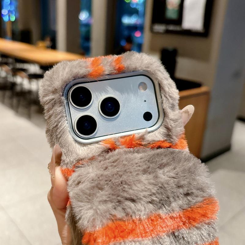 Winter Fluffy Plush Phone Case For iPhone 17 Pro Max 16 15 14 13 Pro Max Air Warm Furry Hand Wrist Soft TPU Silicone Back Cover