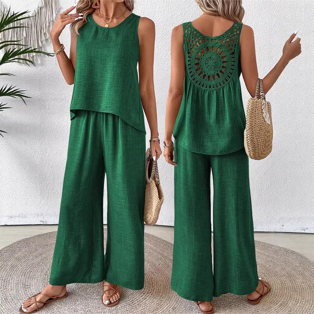 Women's O Neck Sleeveless Solid Back Cutout Tank Top Elastic Waist Wide Leg Long Pants 2 Piece Outfit Casual Daily Vacation Tracksuit Set