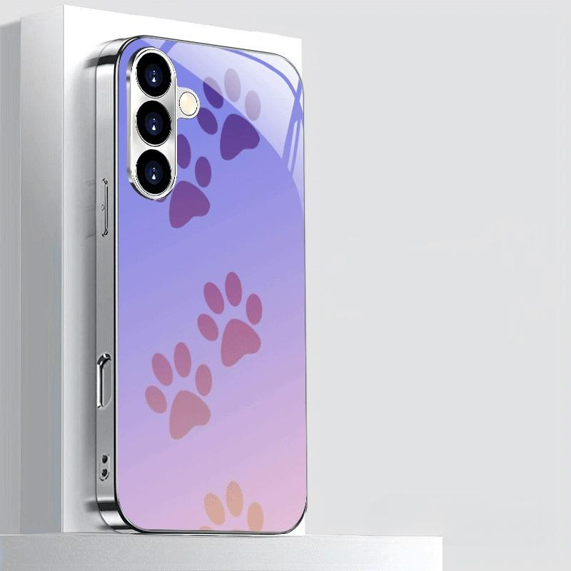 Gradient Paw Print Pattern Electroplated Silver Tempered Glass Phone Case  for Galaxy S26 S25 S24 S23 S22 S21 and Other Models
