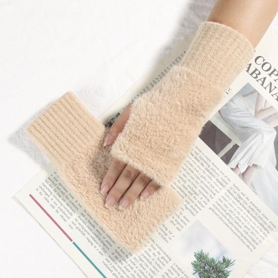 1 Pair Winter Ladies Gloves Half-finger Thick Plush Knitted Stretchy Touchscreen Wrist Protection Keep Warm Office Typing Student Writing Gloves