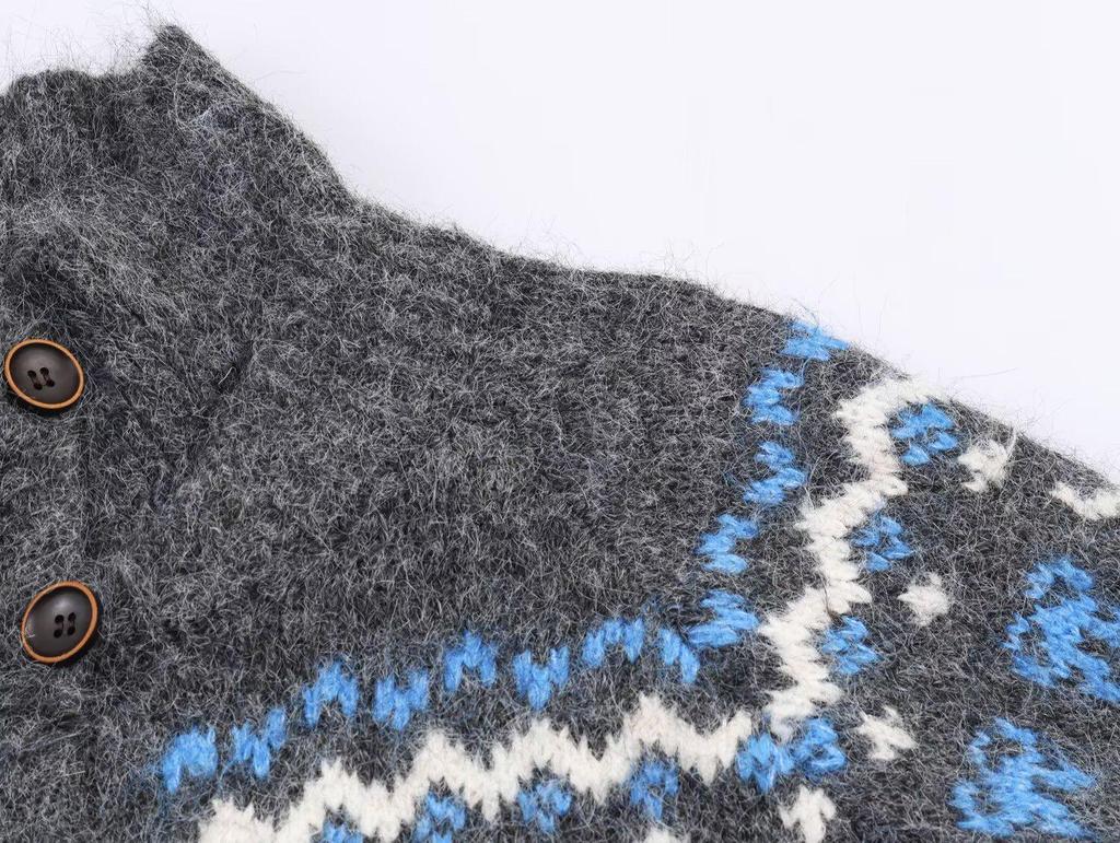 Høst 2025 Dame Cardigan i Jacquardstrik med Standkrave - Europæisk & Amerikansk Mode