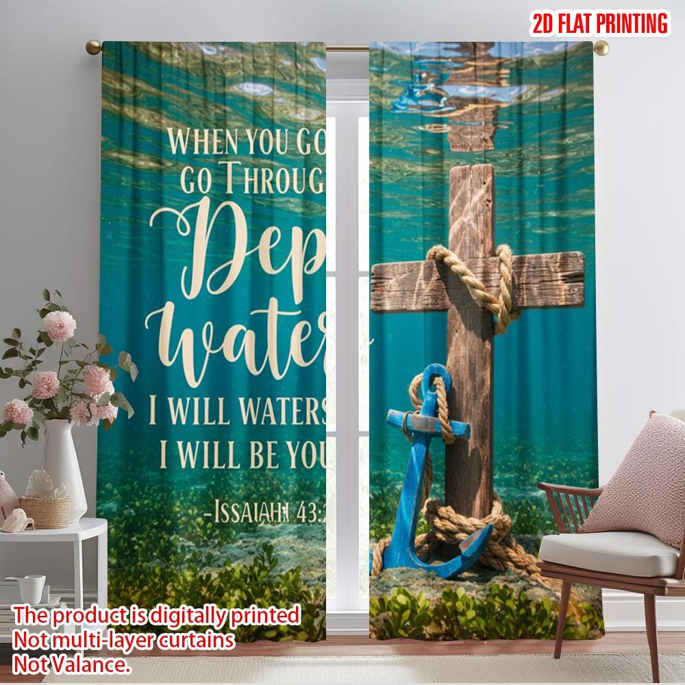 

2pcs 2D flat printing Drapes Anchor Christian Cross Deep Waters Polyester Without Electricity Festive Curtains for Holiday 52.50×116.00 CM 2pcs