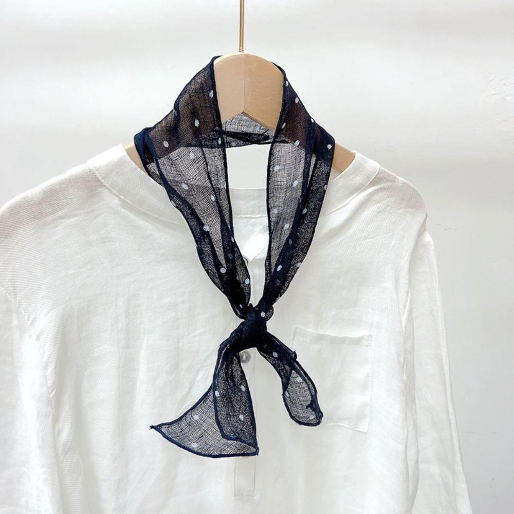 Summer Navy Blue Polka Dot Small Neck Tie Printing Linen Women s Long Scarf Striped 10*103cm Small Silk Scarf Neck Protection